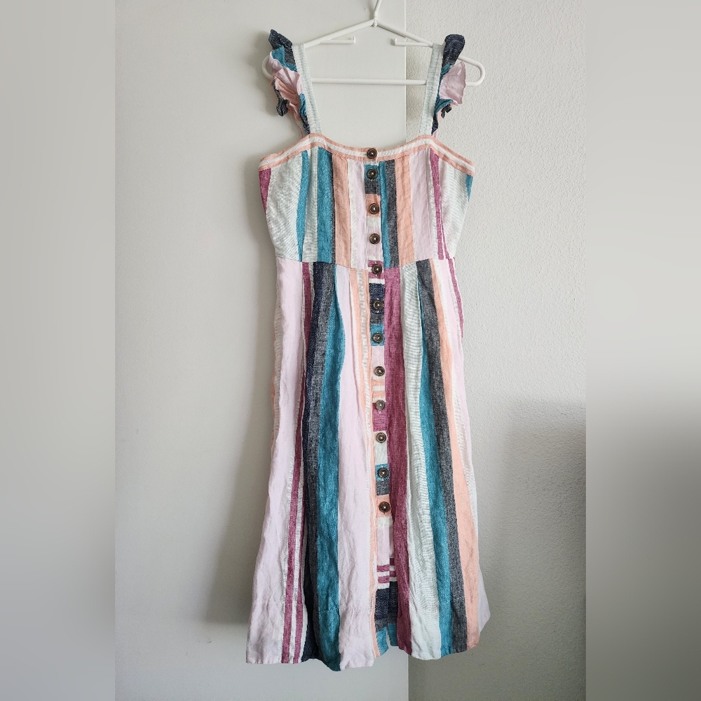 J CREW | Striped Linen Button-Front Sundress | Pastel Multicolored | Size 8 - Picture 3 of 8